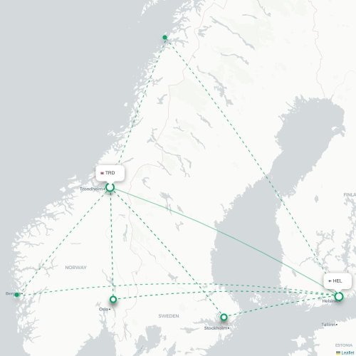 Mapa de vuelo directo Trondheim - Helsinki