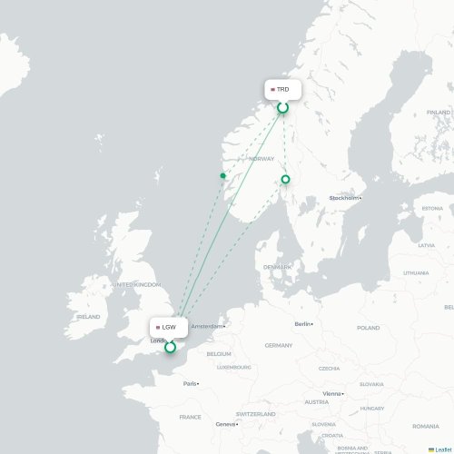 Mapa de vuelo directo Trondheim - Londres