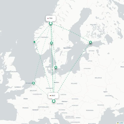 Mapa de vuelo directo Trondheim - Múnich
