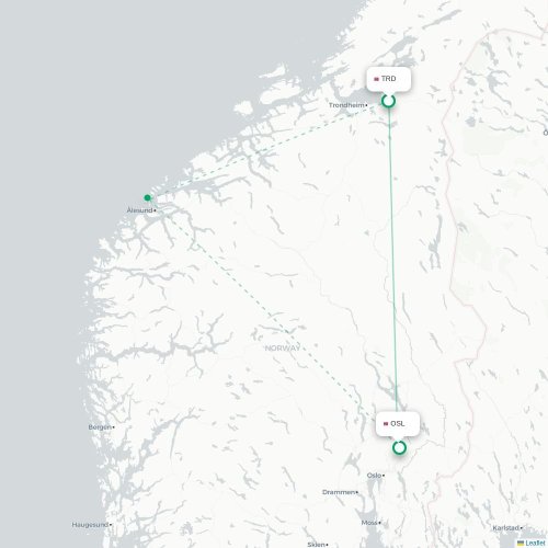 Mapa de vuelo directo Trondheim - Oslo