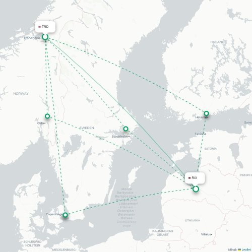 Trondheim - Riga karta över direktflyg