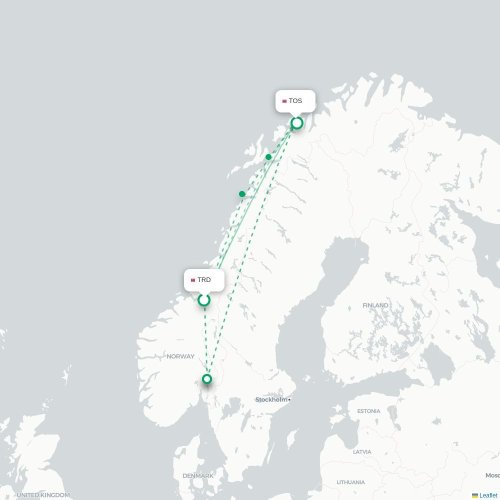 Mapa de vuelo directo Trondheim - Tromso