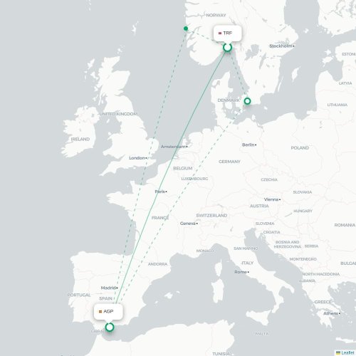 Oslo – Málaga suoran lennon kartta