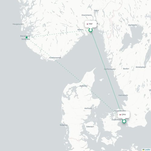 Mapa de vuelo directo Oslo - Copenhague
