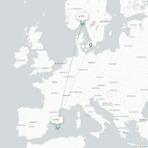 Oslo – Mallorca suoran lennon kartta