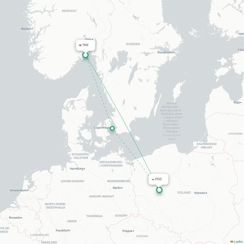 Mapa de vuelo directo Oslo - Posnania