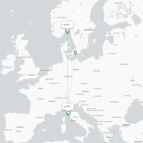 Mapa de vuelo directo Oslo - Pisa
