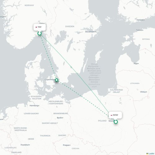 Mapa de vuelo directo Oslo - Varsovia