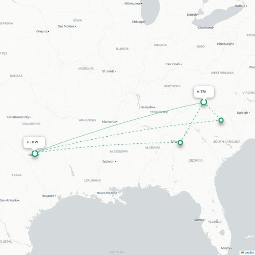 Mapa de vuelo directo Blountville - Dallas
