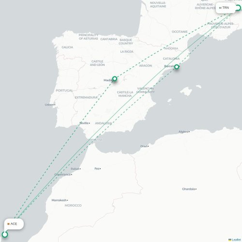 Mapa de vuelo directo Turín, Torino - Arrecife