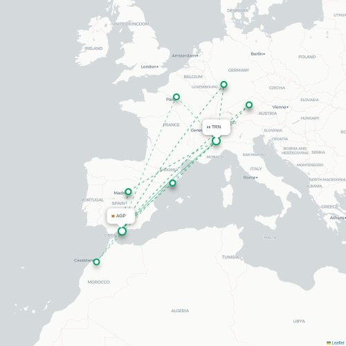 Mapa de vuelo directo Turín, Torino - Málaga
