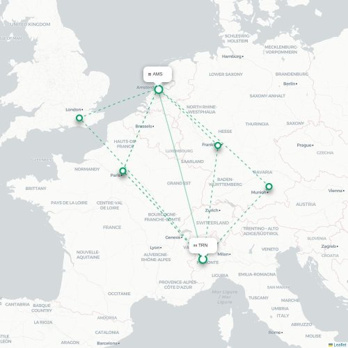 Mapa lotu bezpośredniego Turyn, Torino – Amsterdam