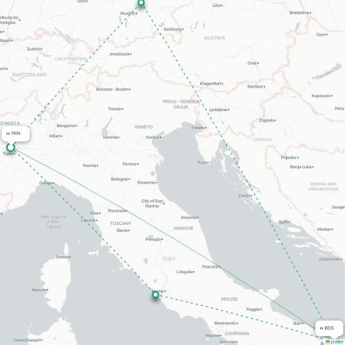 Mapa lotu bezpośredniego Turyn, Torino – Brindisi