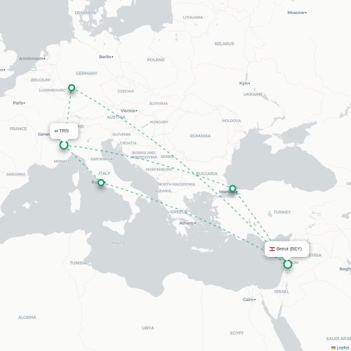 Mapa lotu bezpośredniego Turyn, Torino – Bejrut