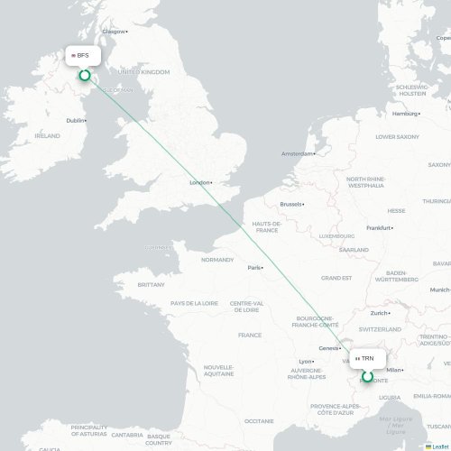 Torino - Belfast karta över direktflyg