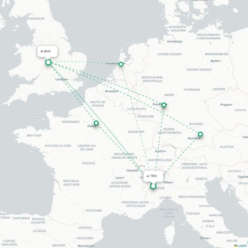 Torino - Birmingham karta över direktflyg