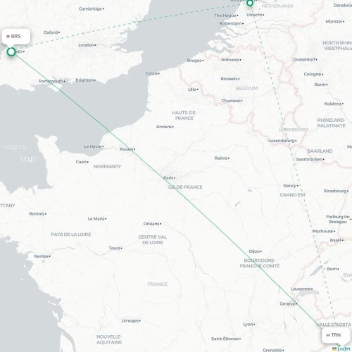 Mapa lotu bezpośredniego Turyn, Torino – Bristol
