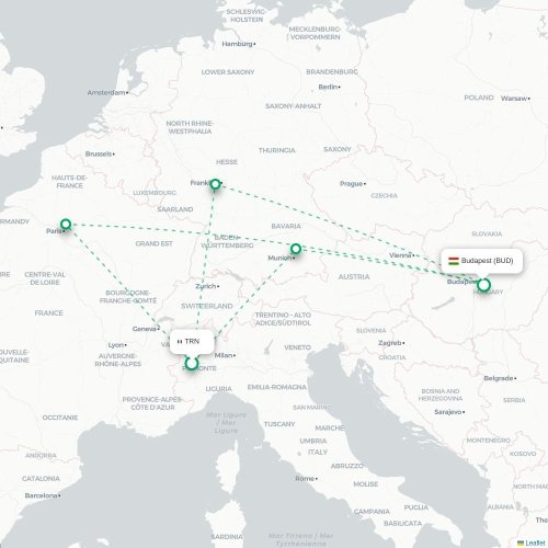Torino - Budapest karta över direktflyg