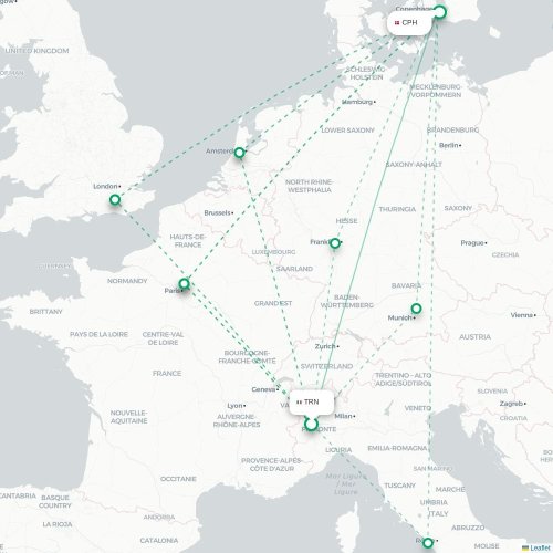 Torino - Köpenhamn karta över direktflyg