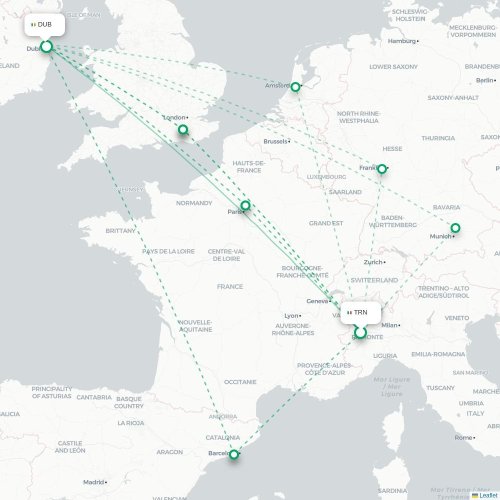 Torino - Dublin karta över direktflyg