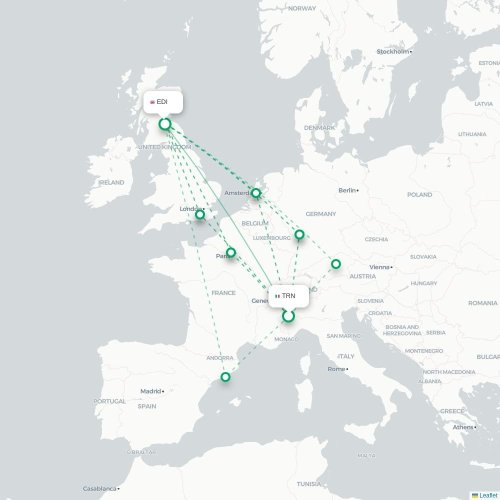 Torino - Edinburgh karta över direktflyg