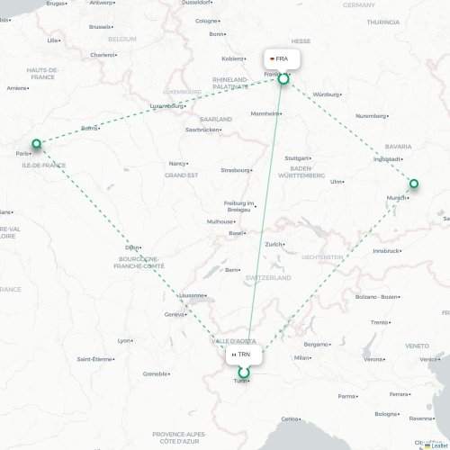Mapa de vuelo directo Turín, Torino - Fráncfort
