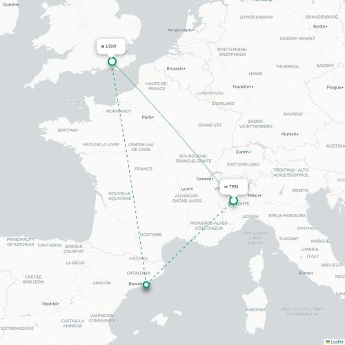 Mapa lotu bezpośredniego Turyn, Torino – Londyn