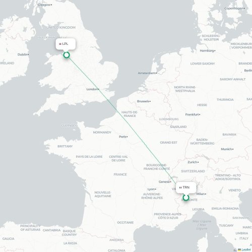 Mapa lotu bezpośredniego Turyn, Torino – Liverpool