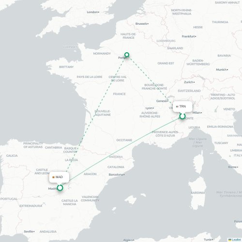 Mapa de vuelo directo Turín, Torino - Madrid