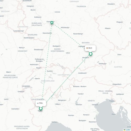 Mapa lotu bezpośredniego Turyn, Torino – Monachium