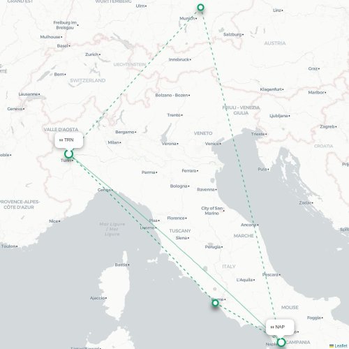 Mapa lotu bezpośredniego Turyn, Torino – Neapol