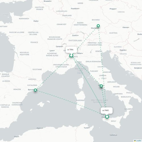 Mapa lotu bezpośredniego Turyn, Torino – Palermo