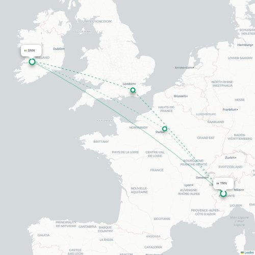 Mapa lotu bezpośredniego Turyn, Torino – Shannon