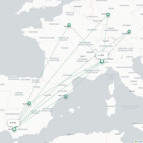 Mapa de vuelo directo Turín, Torino - Sevilla