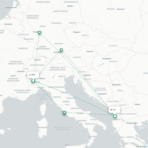 Torino - Tirana karta över direktflyg