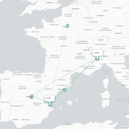 Mapa de vuelo directo Turín, Torino - Valencia