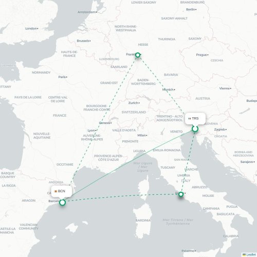 Mapa de vuelo directo Trieste - Barcelona