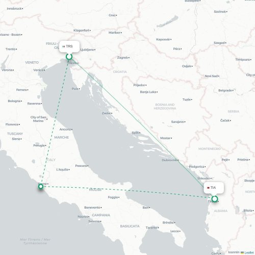 Mapa lotu bezpośredniego Triest – Tirana