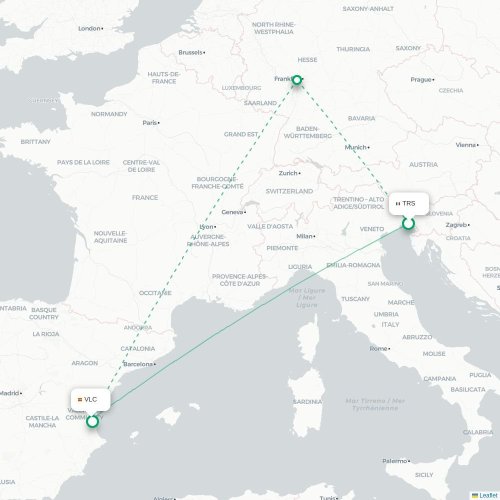 Mapa de vuelo directo Trieste - Valencia
