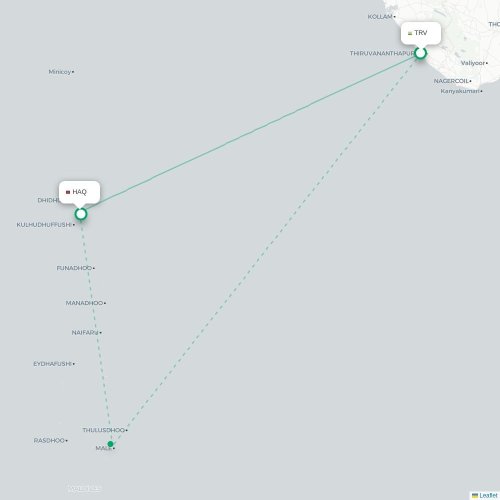 Mapa de vuelo directo Thiruvananthapuram - Hanimaadhoo