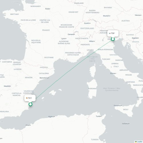 Mapa de vuelo directo Venecia - Alicante