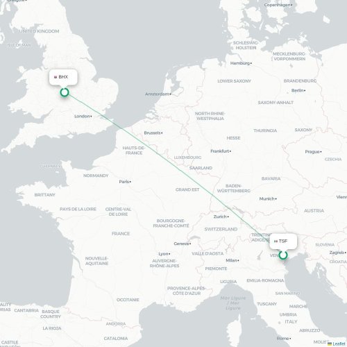 Mapa de vuelo directo Venecia - Birmingham