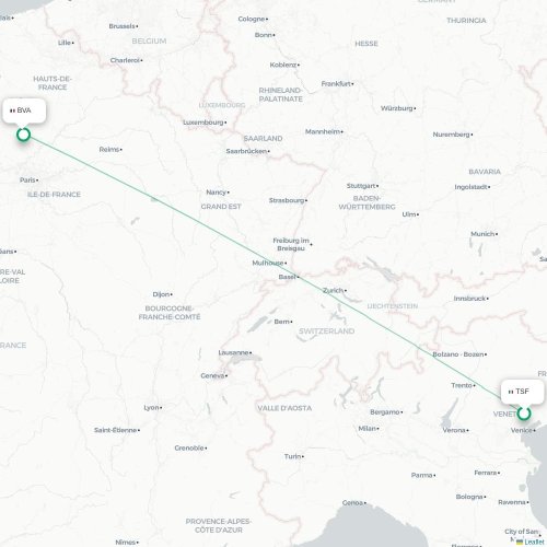 Mapa de vuelo directo Venecia - París