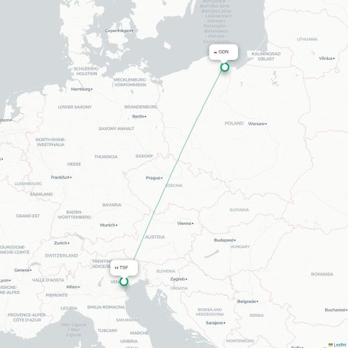 Mapa lotu bezpośredniego Wenecja – Gdańsk