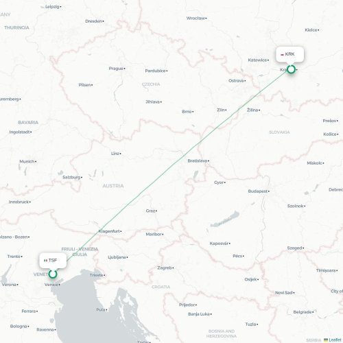 Mapa lotu bezpośredniego Wenecja – Kraków