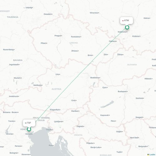 Mapa lotu bezpośredniego Wenecja – Katowice