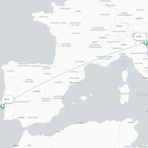 Mapa de vuelo directo Venecia - Lisboa