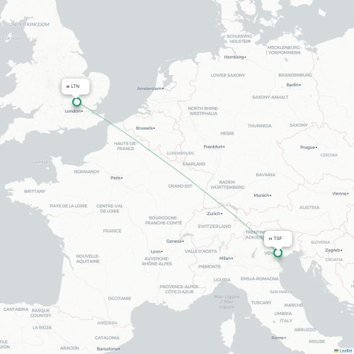 Mapa de vuelo directo Venecia - Londres