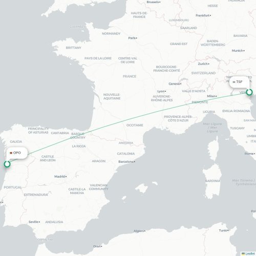 Mapa de vuelo directo Venecia - Oporto