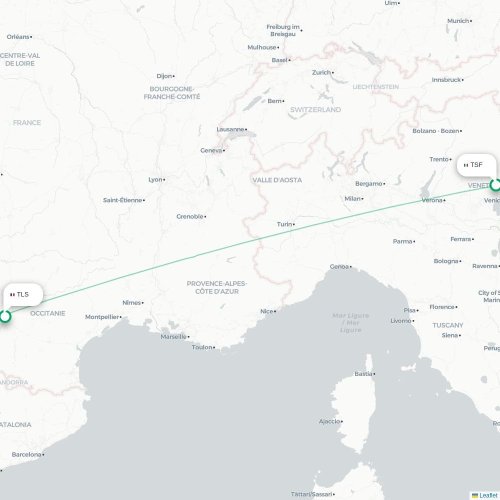 Mapa de vuelo directo Venecia - Toulouse